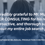 ONEPOWER CONSULTING candidate testimonial graphic for Japanese Bilingual Production Control Assistant placement.
